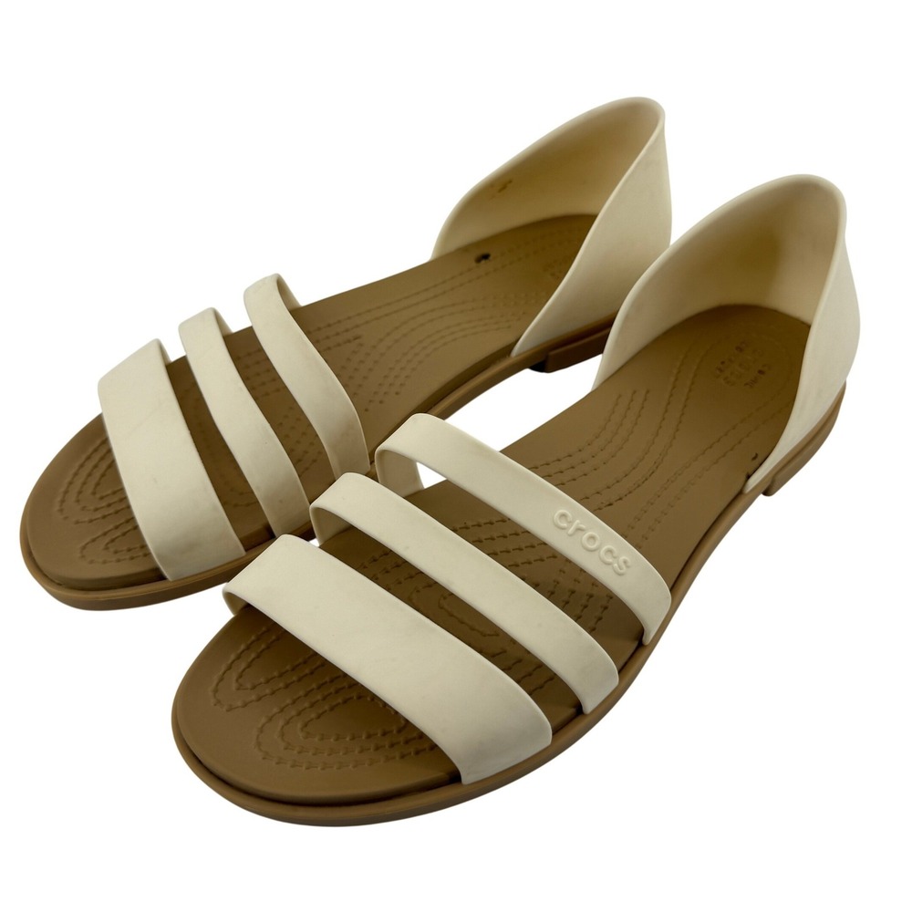 Crocs Tulum Open Toe Sandal Flat Cream Tan Women 9 Casual Lightweight Strappy